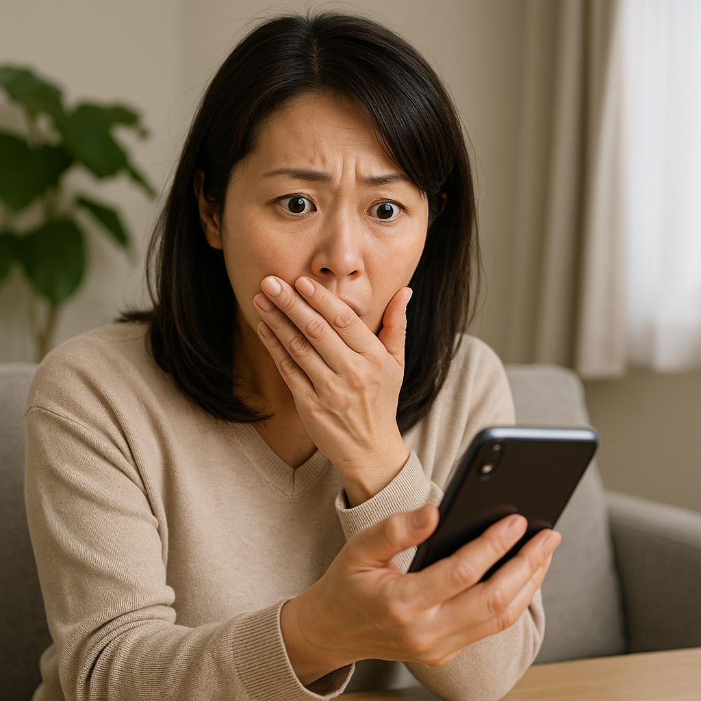 スマホをみて驚く女性