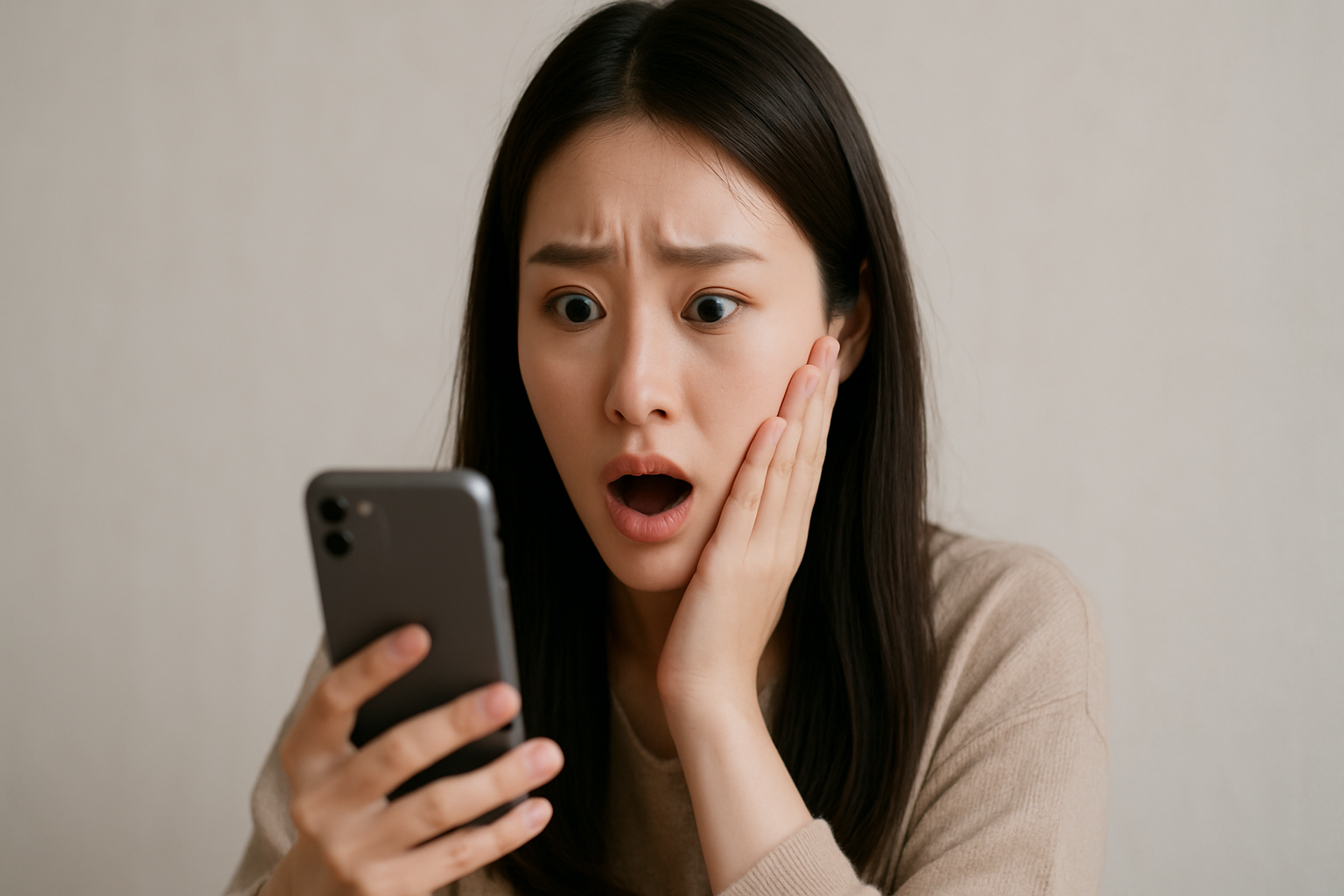 スマホを見て驚いている女性