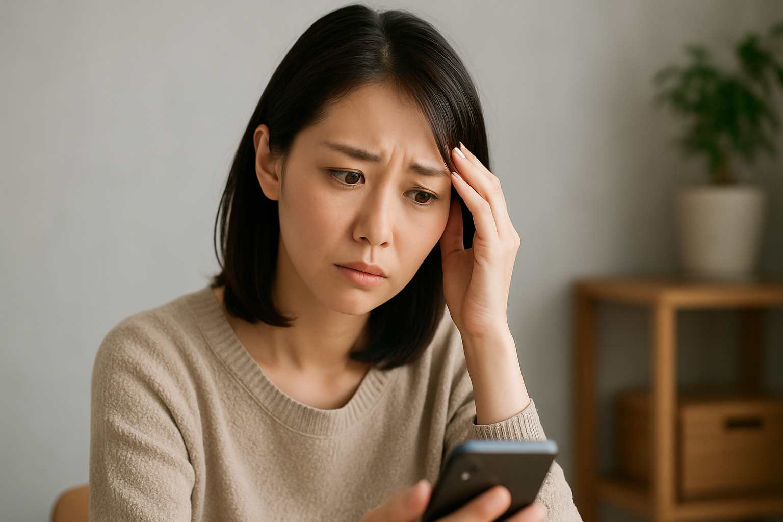 スマホを見て困っている女性