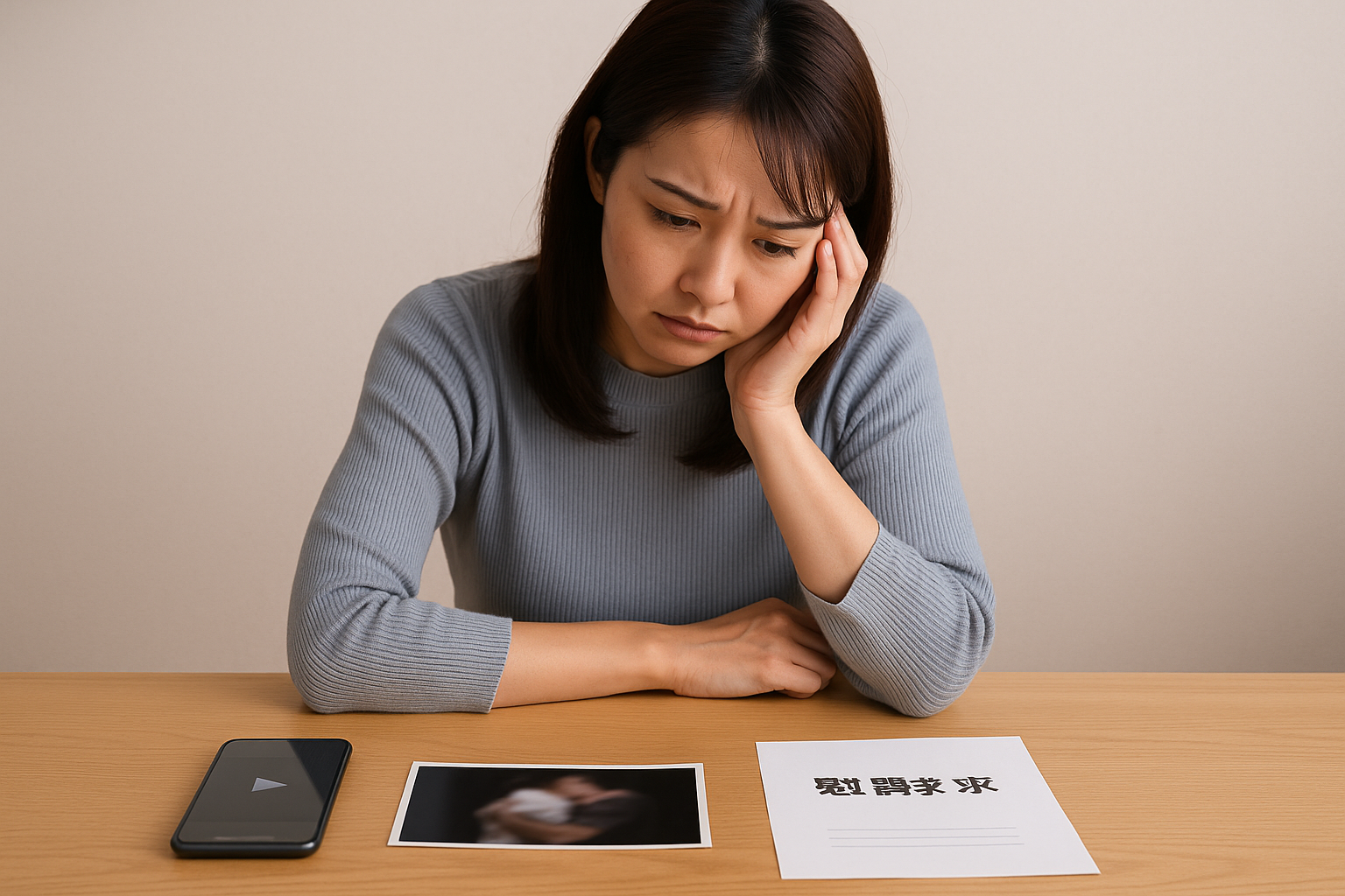 不倫の証拠を並べて悩んでいる女性