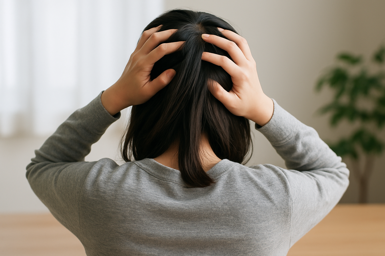 頭を抱えて悩んでいる女性
