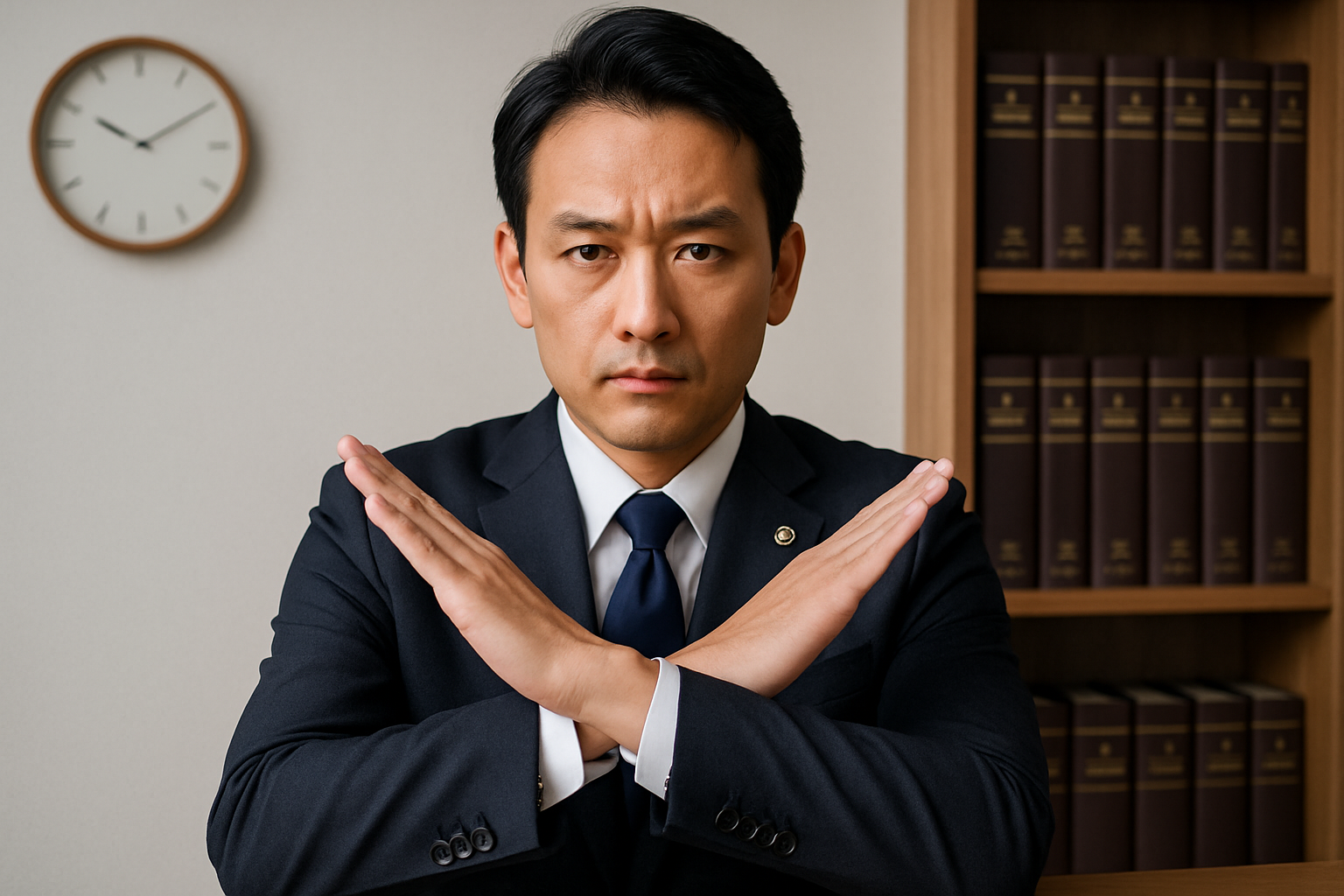 弁護士が腕をバツにしている様子