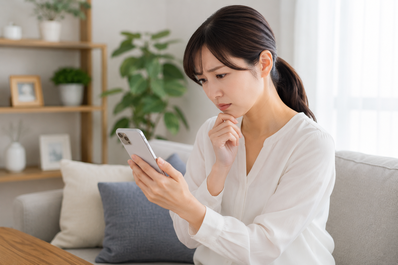 スマートフォンを見て悩んでる女性