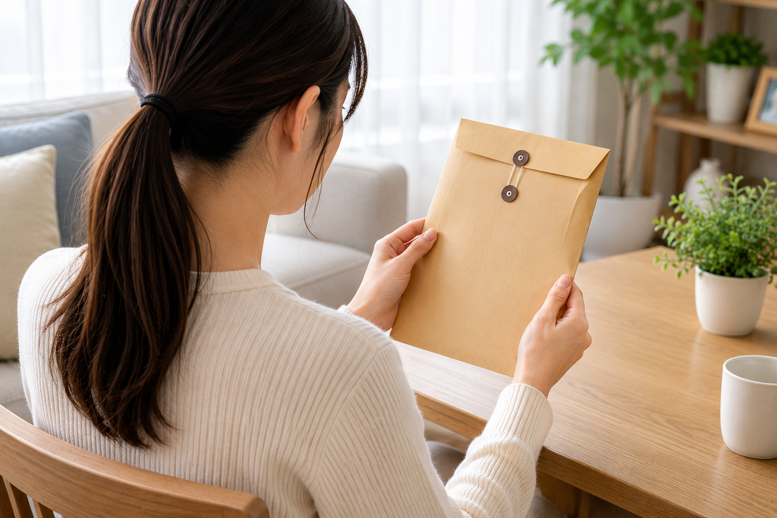 封筒を持っている女性