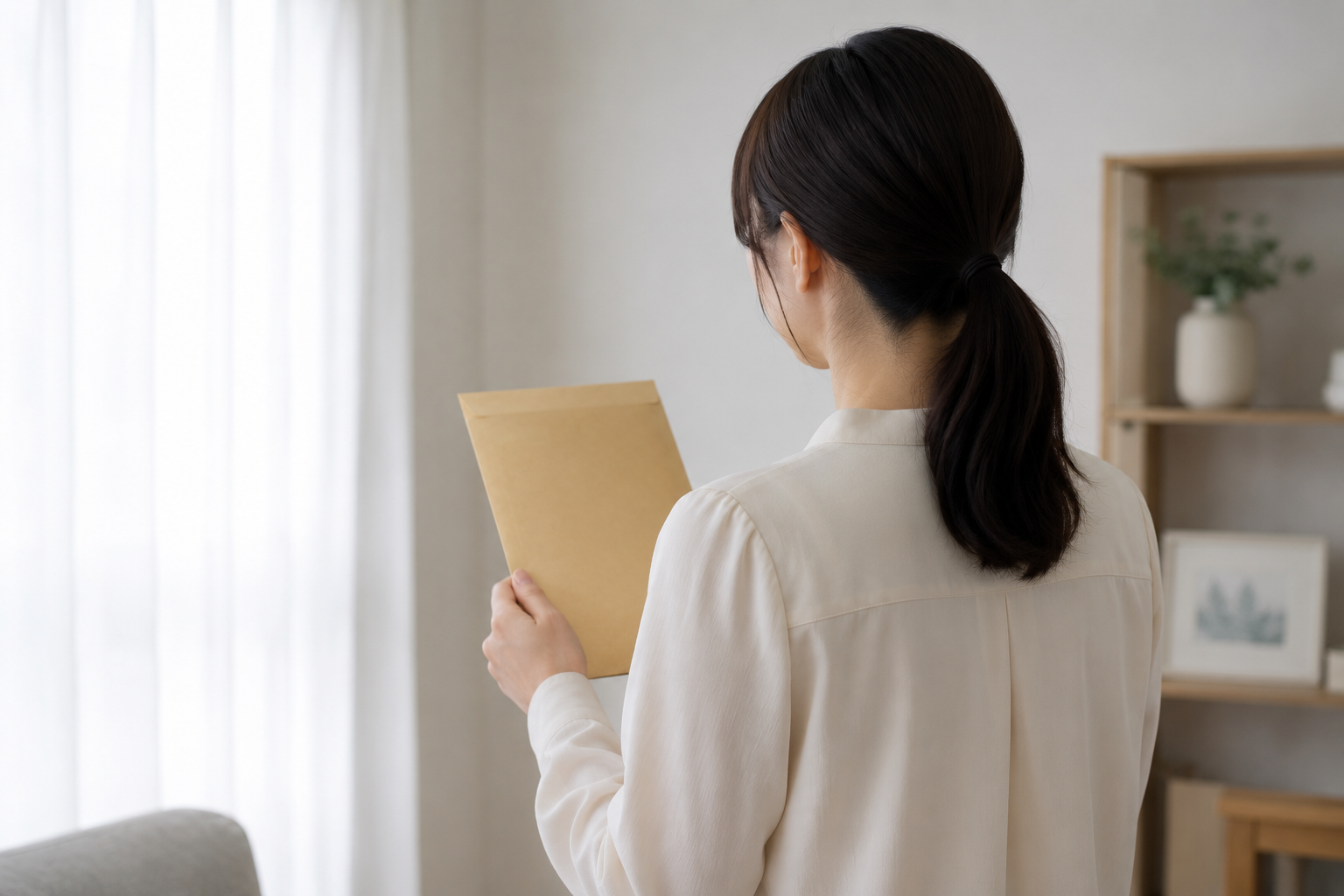 封筒を持っている女性