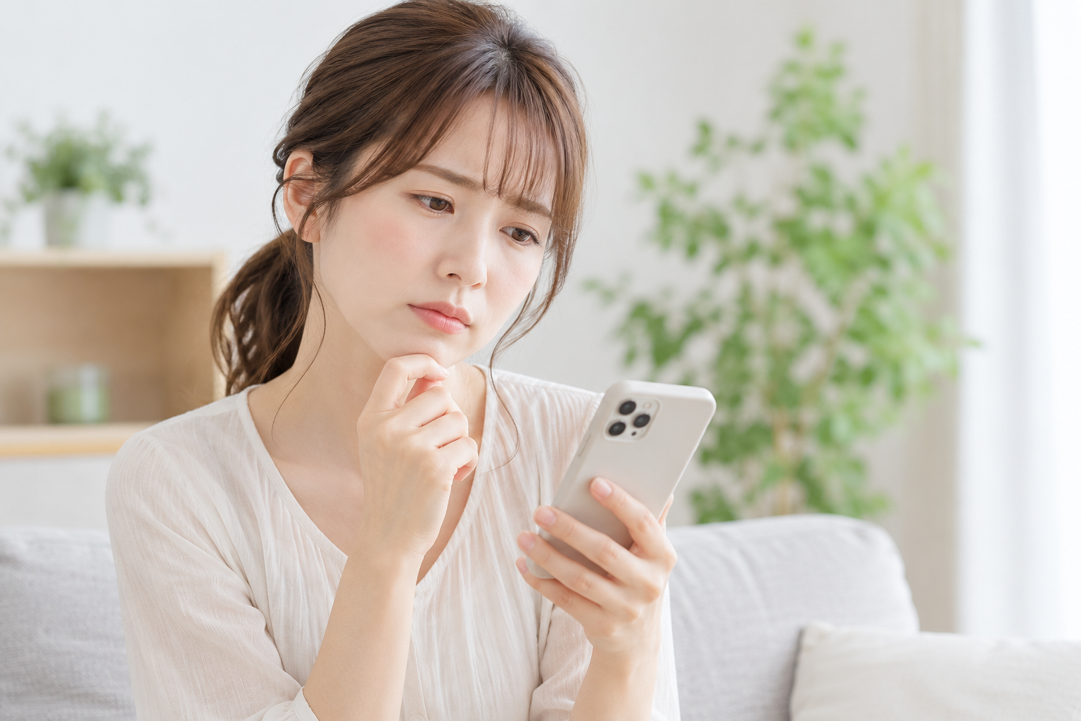 スマホを見ながら考え事をしている女性