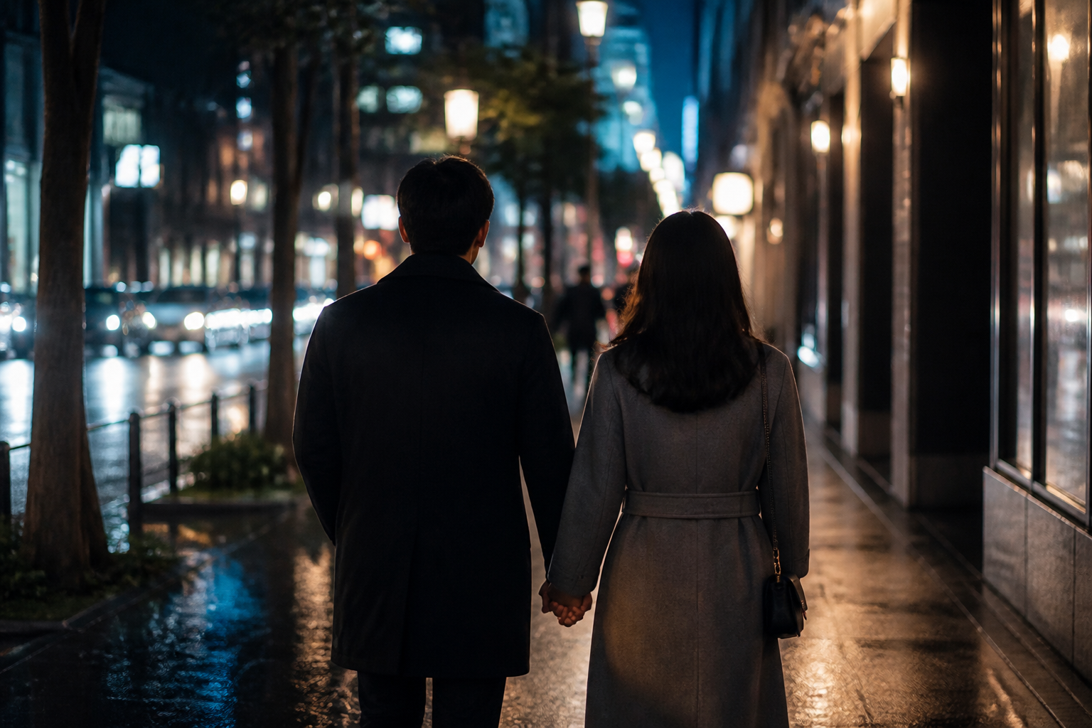 手を繋いでる男女の後ろ姿